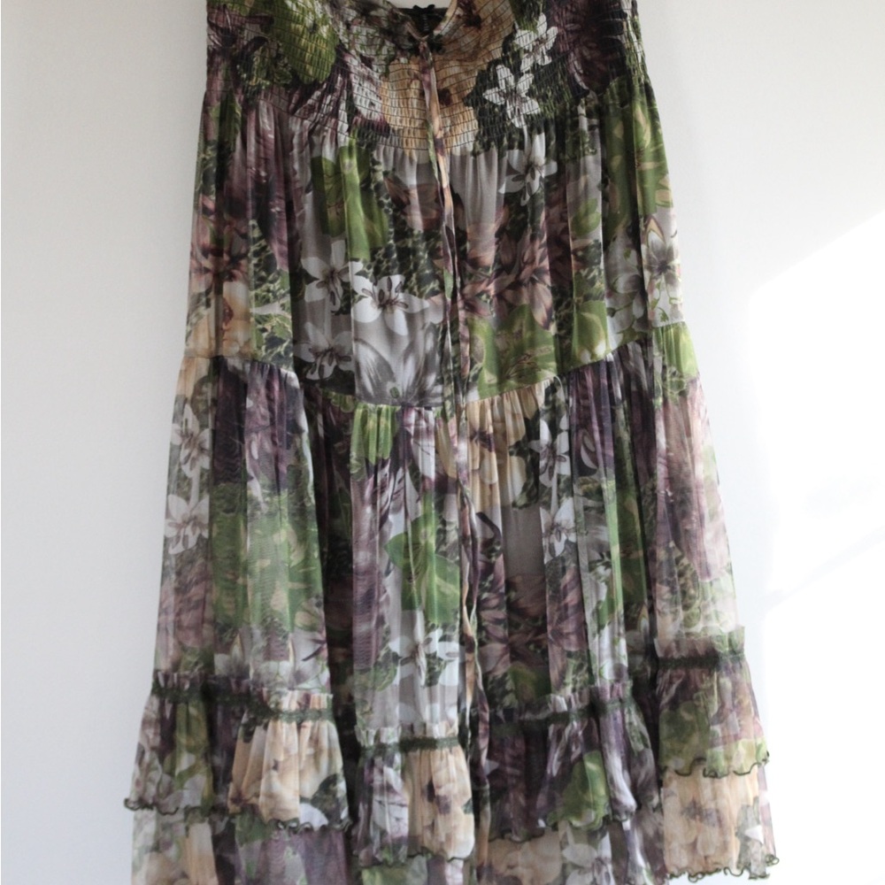 Floral Chiffon Midi strapless dress- Green and Purple
